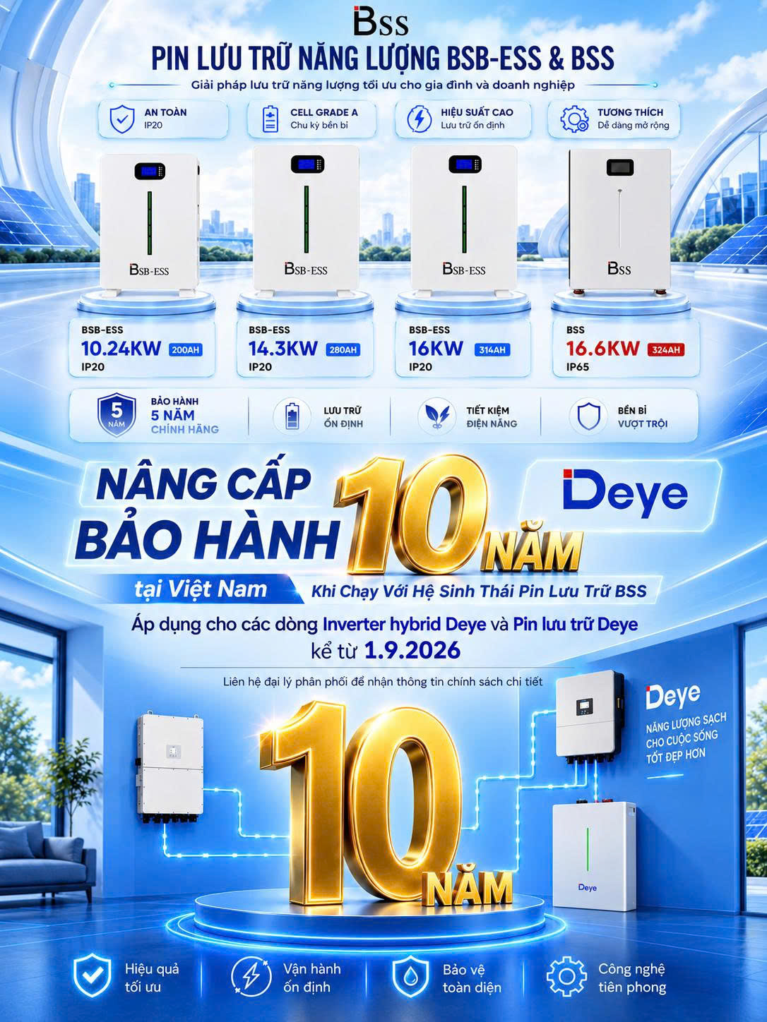 DEYE INVERTER NÂNG BẢO HÀNH LÊN 10 NĂM KHI CHẠY KẾT HỢP VỚI PIN LƯU TRỮ DEYE, BSS