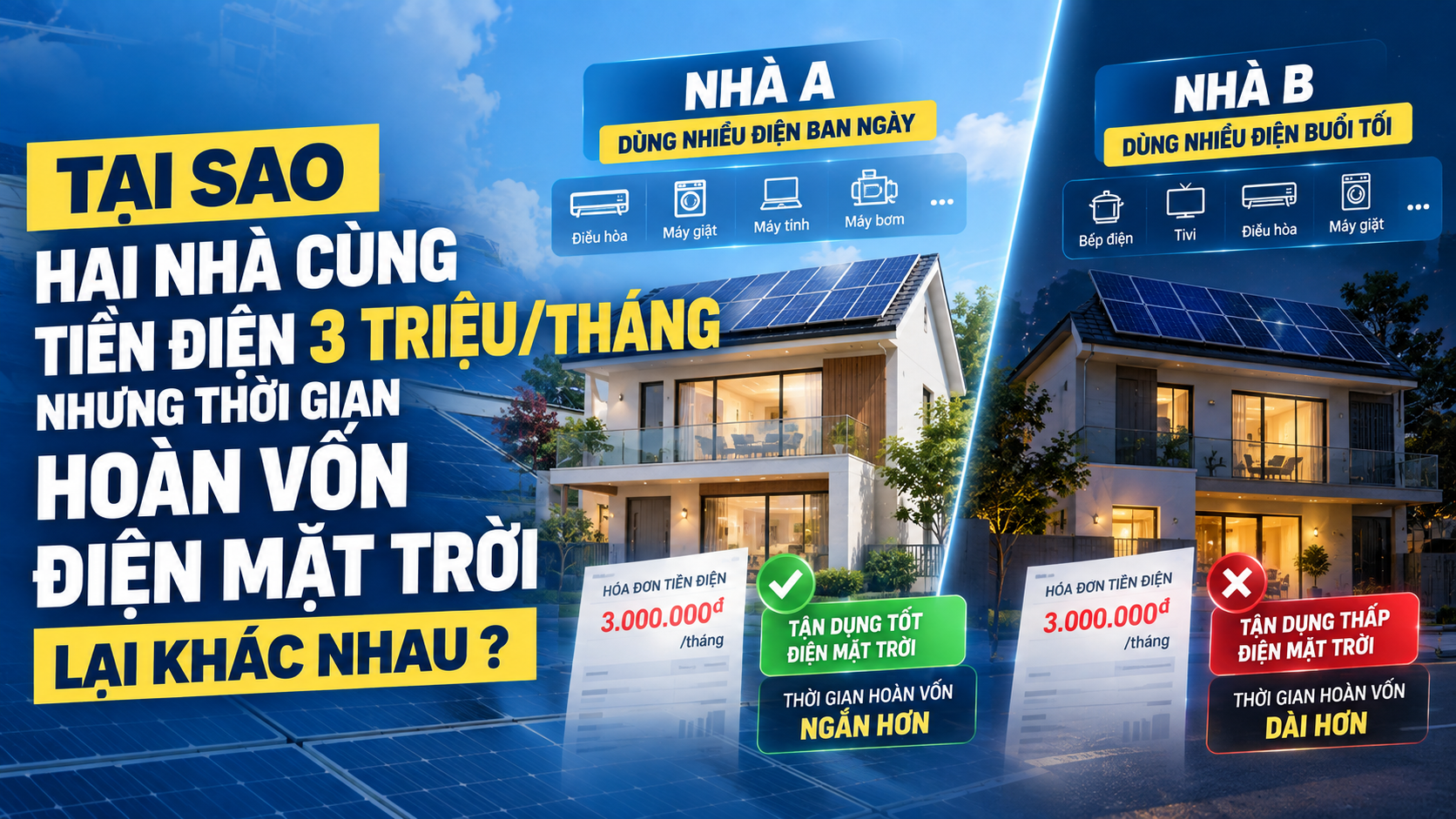 TẠI SAO HAI NHÀ CÙNG TIỀN ĐIỆN 3 TRIỆU/THÁNG NHƯNG THỜI GIAN HOÀN VỐN ĐIỆN MẶT TRỜI LẠI KHÁC NHAU?